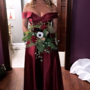 Bill Levkoff burgundy off the shoulder dress